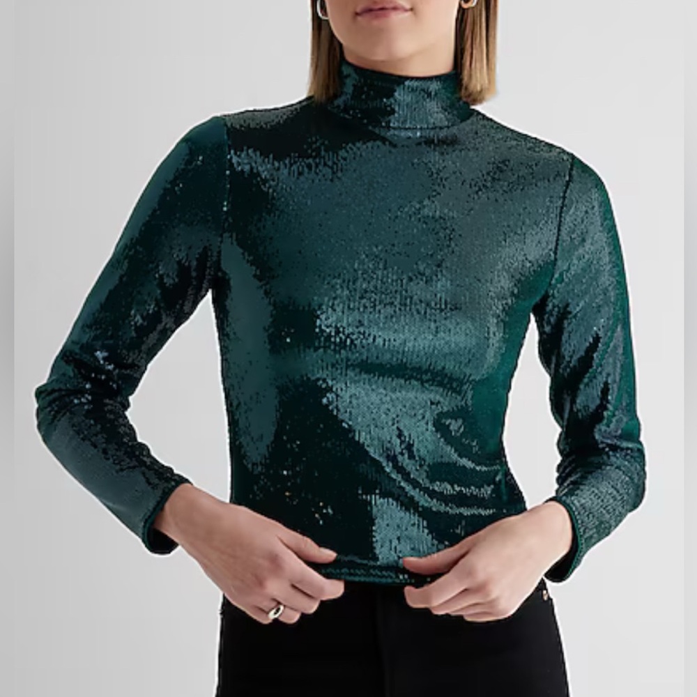 Body Contour Sequin Mock Neck Long Sleeve Tee Deep Teal Sz S Holiday Party